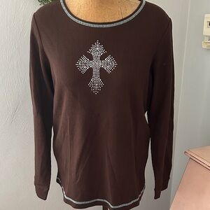 Quacker‎ Factory Brown Long Sleeve Top with silver beaded Cross
